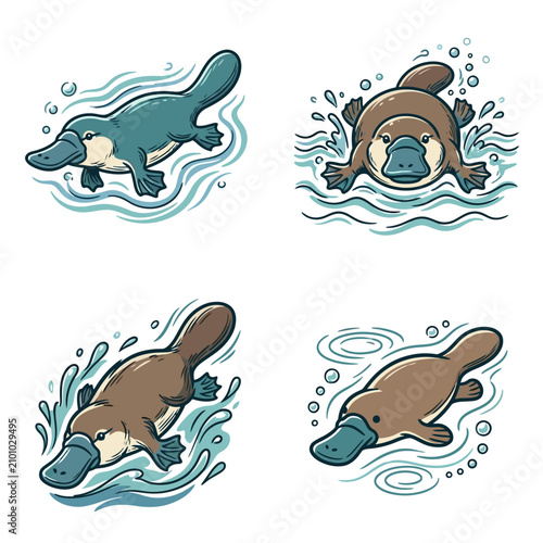 Cute cartoon platypus illustrations swimming in water with splashes