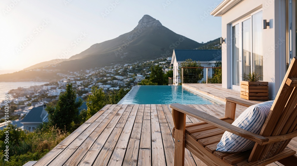 Obraz premium Luxury infinity pool overlooking scenic coastal city and majestic mountain at golden hour