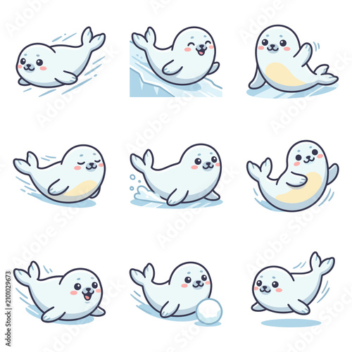 Cute cartoon seal character set different poses and actions