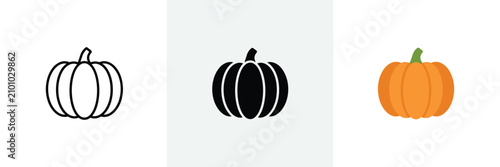 Pumpkin icon set, outline, solid black, and orange color, autumn vegetable symbol.