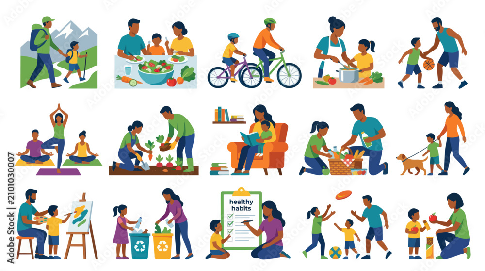 Fototapeta premium Healthy Habits and Family Wellness Flat Vector Illustration Set. People Engaging in Daily Lifestyle Activities