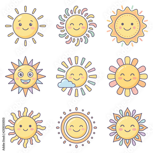 Cute cartoon sun characters with happy faces and rays