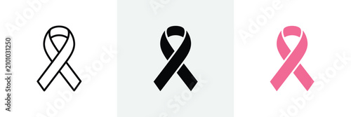 Three identical vertical flat vector icons in various styles for breast cancer awareness ribbon.