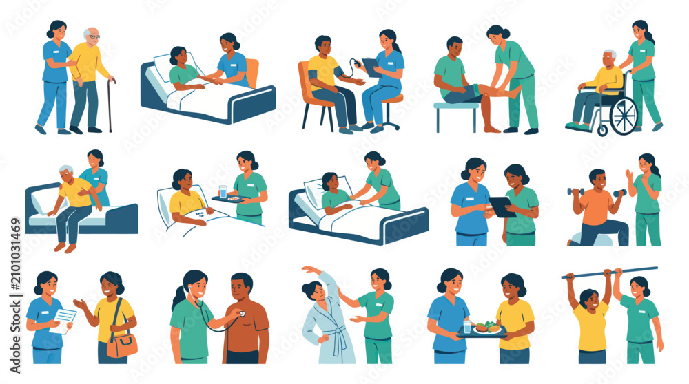 Fototapeta premium Medical Care Vector Icons: Nurses Assist Patients, Health Check, Therapy, Exercise