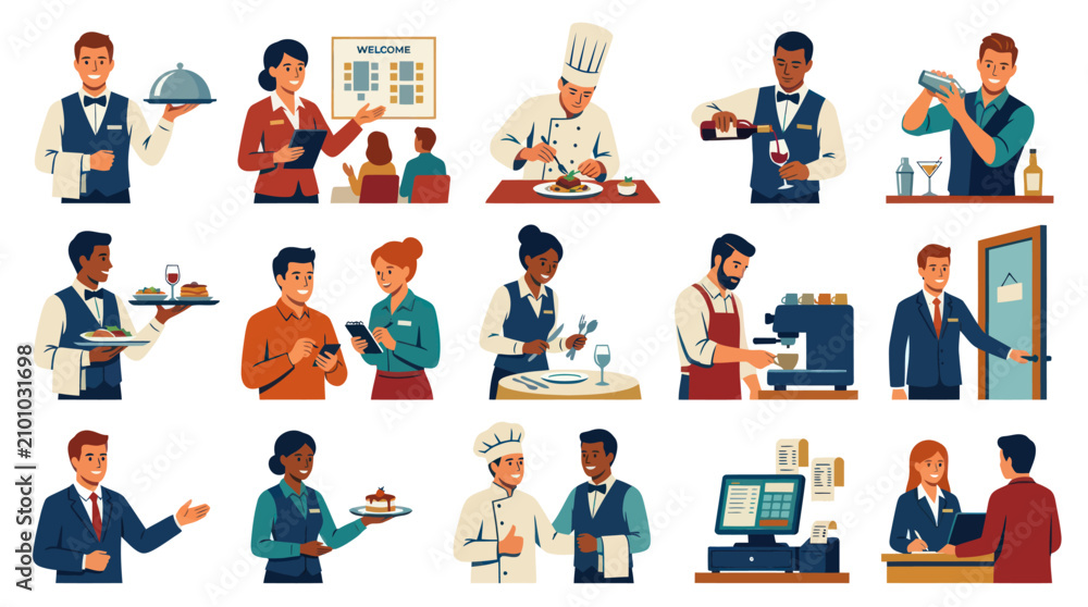 Fototapeta premium Flat Style Icons of Restaurant and Hospitality Staff, Food Service Professionals