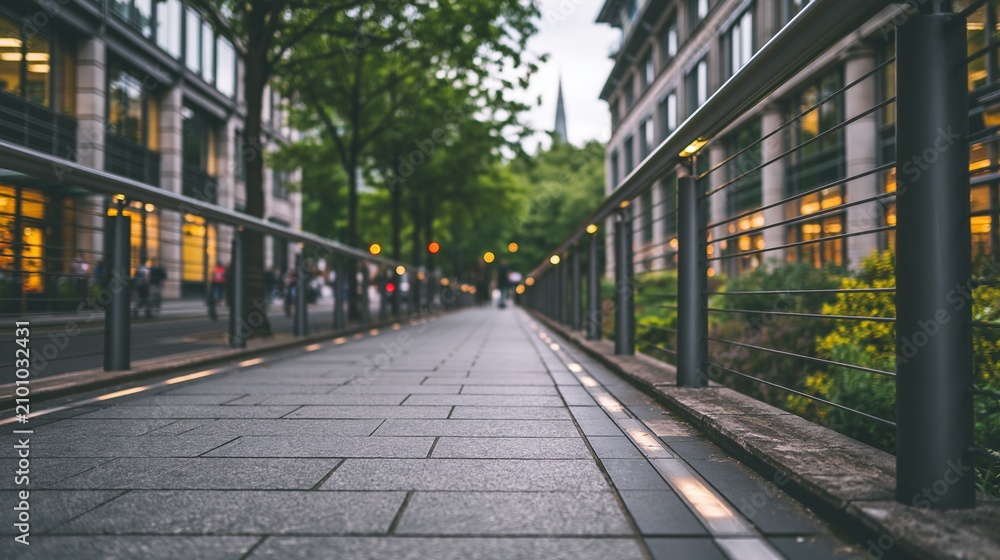 Obraz premium Urban walkway leading through a city street lined with trees and illuminated buildings at dusk