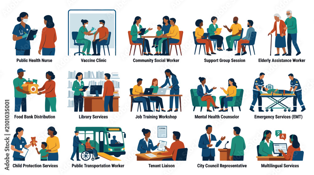 Fototapeta premium Diverse Community Service Professionals Flat Vector Icons Set