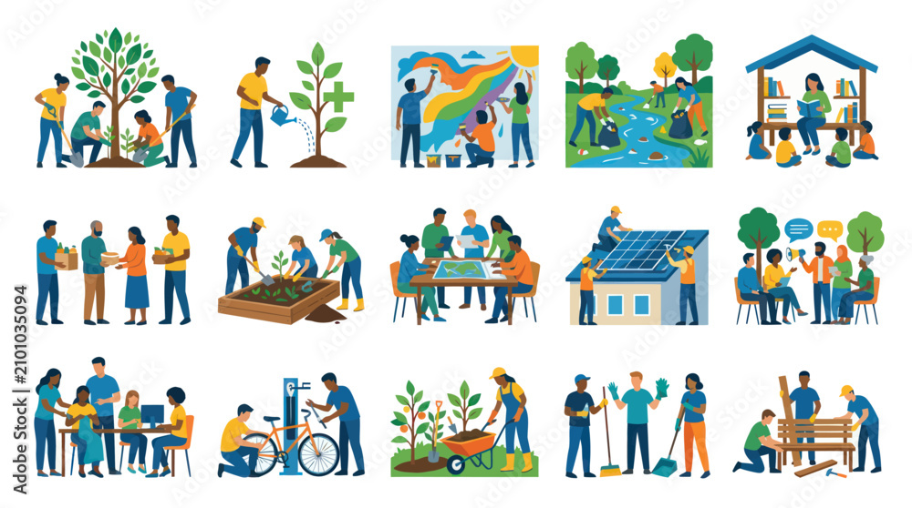 Naklejka premium Diverse People Engaged in Community Service Activities, Flat Art