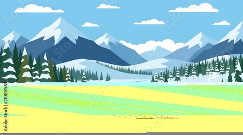 Snowy mountain landscape with green trees.