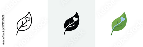 Collection of leaf icons featuring a heart shape in linear solid and flat color design styles.