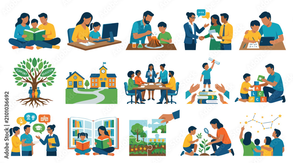 Fototapeta premium Flat Vector Education Learning Set: Children, Parents, Teachers, School Activities, and Childhood Development