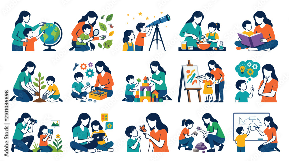 Fototapeta premium Flat Style Vector Art: Parents Teaching Children Various Activities