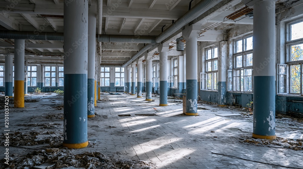 Obraz premium Spacious Abandoned Industrial Warehouse Interior with Tall Columns and Large Windows