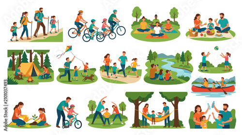 Flat Illustration Collection of Families Enjoying Outdoor Activities for Healthy Lifestyle.