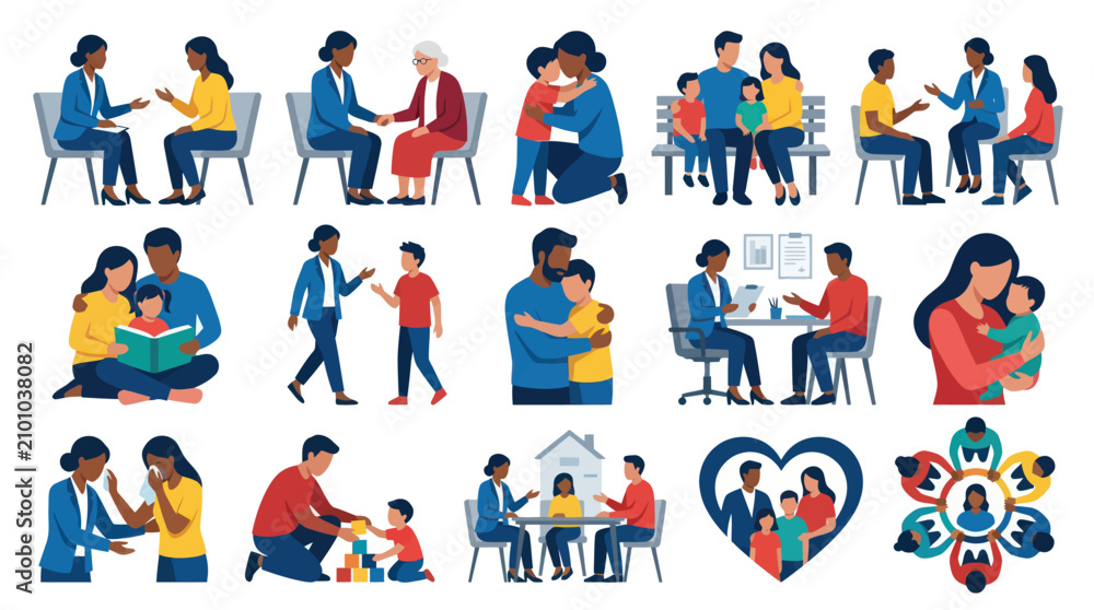 Fototapeta premium Diverse Family and Therapy Scenes, Flat Vector Illustration