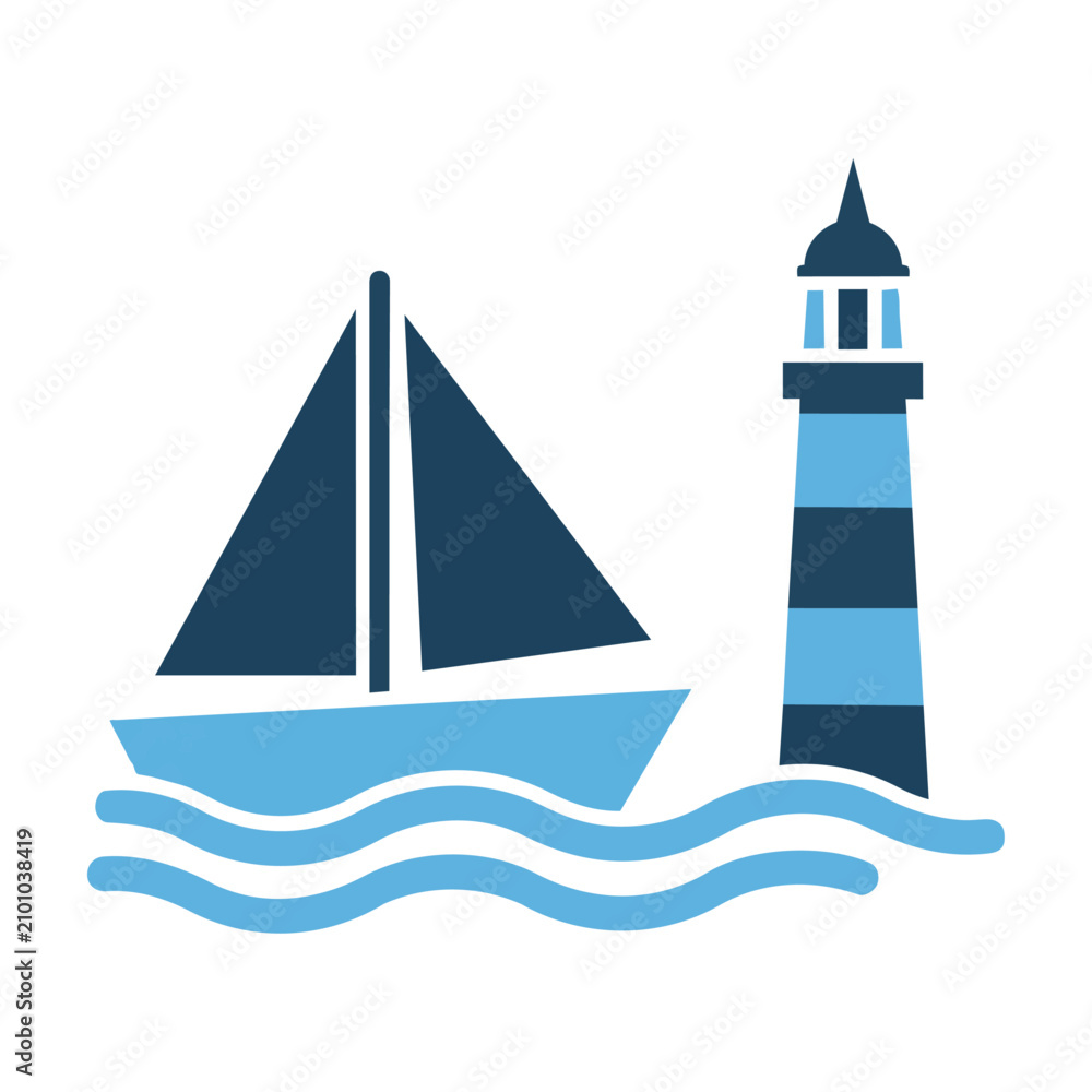 Naklejka premium Minimalist sailboat gliding past a maritime beacon with stylized waves in a flat blue color palette nautical travel concept