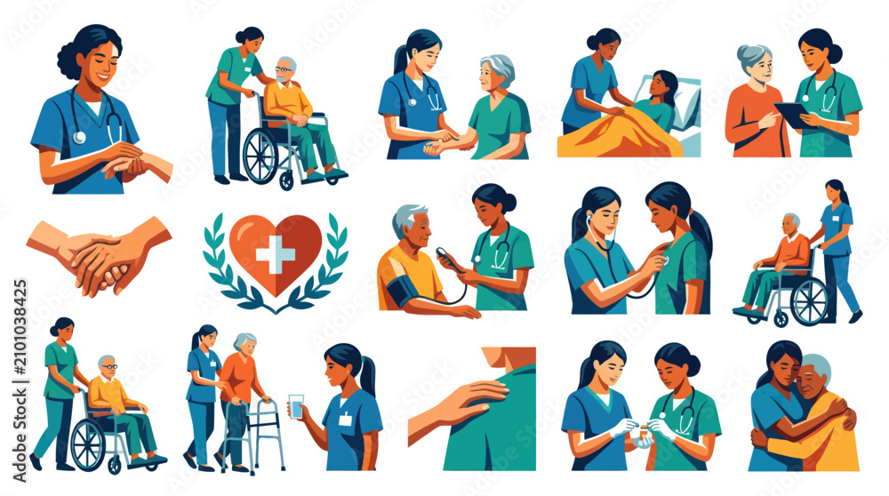 Fototapeta premium Medical Care Illustrations: Nurses, Patients, and Healthcare Icons in Flat Design