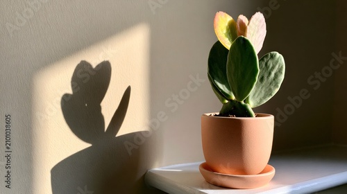 Potted succulent plant on shelf with morning shadow