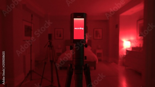 Professional camera rig in room under red light.