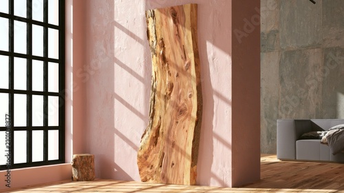 Raw wood plank art on pink interior wall.