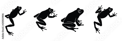 Canvastavla Four black silhouette frogs in different poses on white background  jumping frog