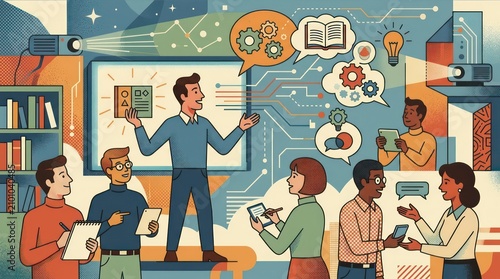 Diverse group of professionals collaborating in a modern digital classroom environment.