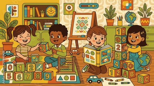 Diverse group of happy children playing together in a colorful preschool classroom.