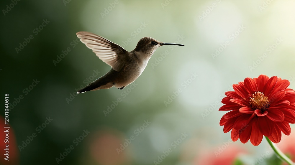 Fototapeta premium Tiny hummingbird hovering near vibrant red flower, capturing a moment of natural beauty in flight