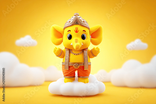3d illustration, Adorable golden lord ganesha cartoon character on white clouds with yellow background. Ganesh chaturthi festival concept 3d rendering