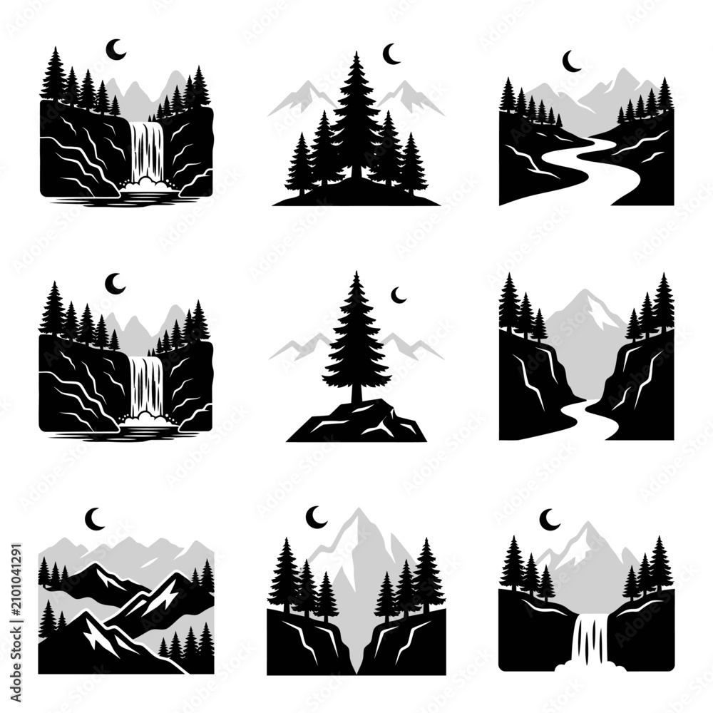 Obraz premium Black and white mountain forest landscape.