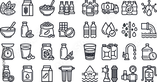 Photos Healthy plant based milk alternatives and pure water filtration vector line icon
