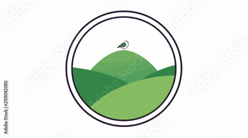 Small bird on green hill inside circle, nature logo, minimalist design
