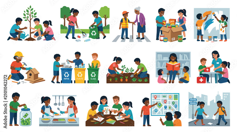 Fototapeta premium Flat Design Community Service Illustrations: Kids Volunteers Helping, Learning Environmental Protection