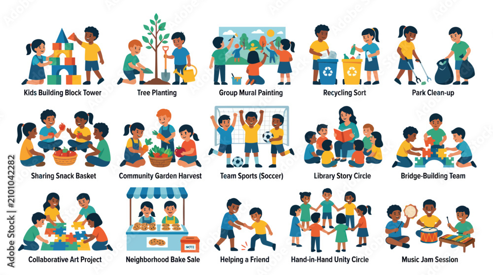 Fototapeta premium Flat Vector Illustration of Diverse Kids Group Activities, Social Learning, Play, and Community Engagement