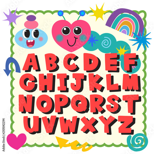 Colorful Educational Alphabet Poster with Cute Cartoon Heart and Rainbow Char...