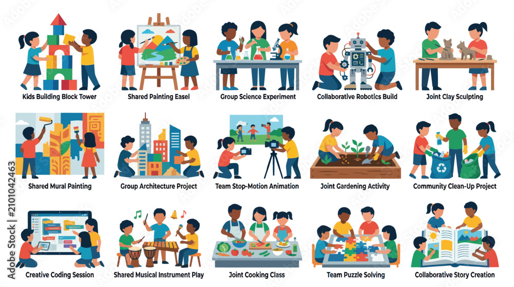 Fototapeta premium Flat Vector Illustrations: Children's Education Collaborative Activities for Teamwork and Learning through Play