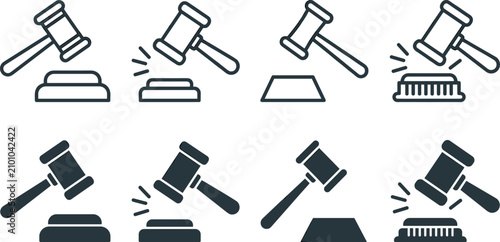 Judge gavel and auction hammer vector icon set for legal justice system and bidding process