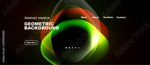 Dark website mockup features vibrant, flowing geometric shapes. Text highligh...
