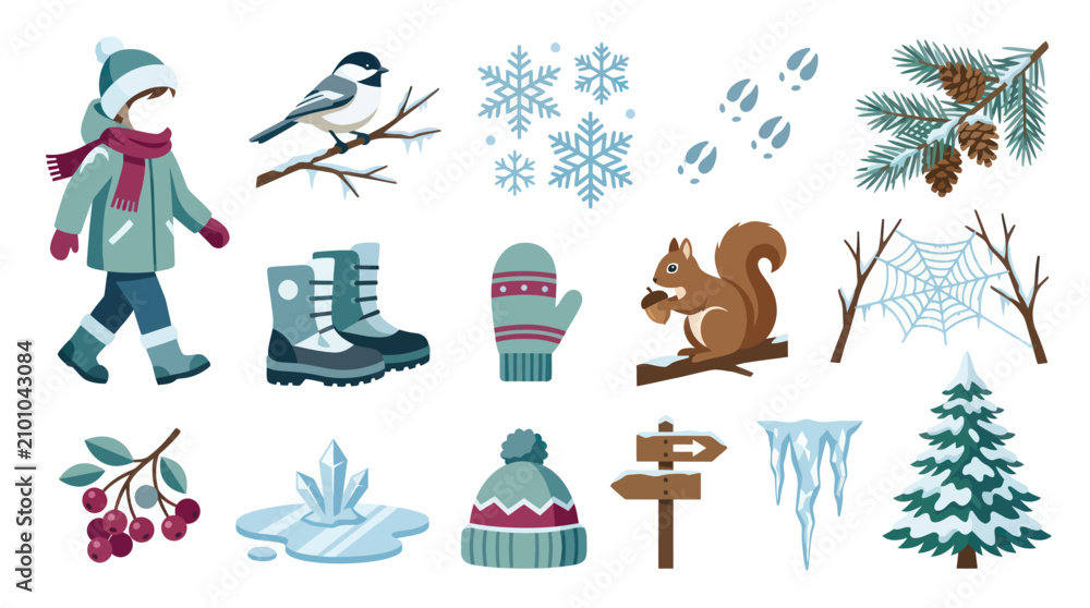 Fototapeta premium Flat Vector Winter Seasonal Elements Collection: Nature, Animals, Apparel, and Outdoor Icons Set