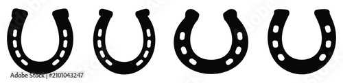Horseshoe Icon Set Featuring Lucky Horseshoe Symbol, Fortune Charm, Western Equestrian Theme, and Black Silhouette Vector Illustration
