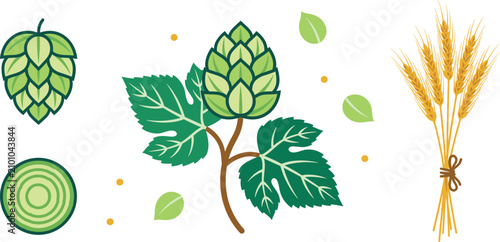 Fotografía Craft Beer Ingredients Vector Set Featuring Green Hops Cones Leaves And Golden W