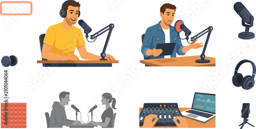 Obraz na płótnie Podcaster and Radio Host Character Set with Microphone Boom Arm Audio Mixer Cons