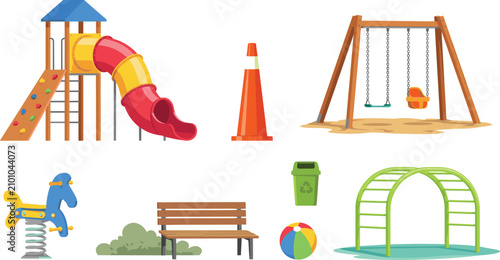 Cuadro en lienzo Public Park Playground Equipment Element Set with Slide Swing Monkey Bars Spring