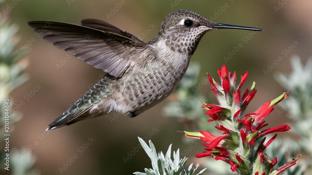 Fototapeta premium Close-up of a small hummingbird hovering near a bright red flower, capturing its delicate wings in motion.