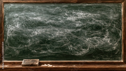 A dark green, dusty chalkboard with a worn eraser and chalk dust on the ledge