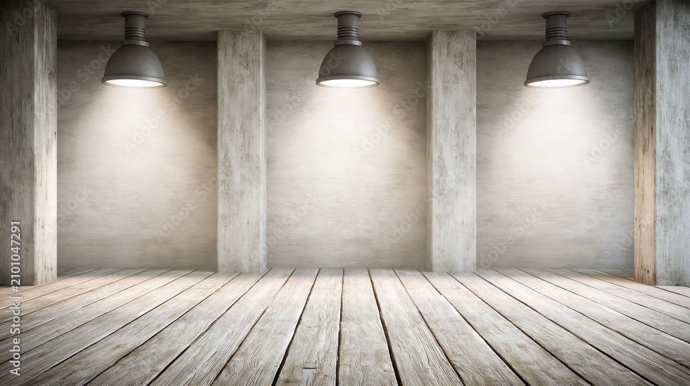Obraz premium Empty industrial concrete room with three hanging pendant lights and wooden floor, clean studio background