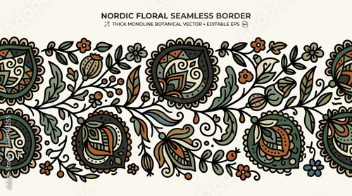 Nordic Floral Seamless Border Thick Monoline Botanical Vector