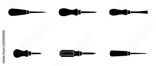 Foto Set of 6 Black Screwdriver and Awl Icons, Vector Tools for DIY and Repair Projec