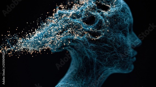 Ai profile dissolving into digital data particles representing human intelligence