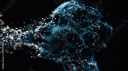 Abstract digital human head profile dissolving into glowing artificial particles